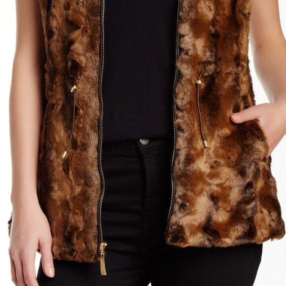 Ellen Tracy NEW VEST Crushed Faux Fur Women's L Drawstring Waist BROWN BLACK NWT - Picture 3 of 16